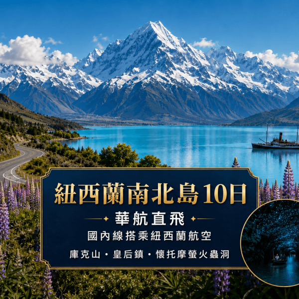 純享紐西蘭～庫克山國家公園、皇后天際纜車、雙洞穴螢火蟲、奧克蘭天空之塔10日